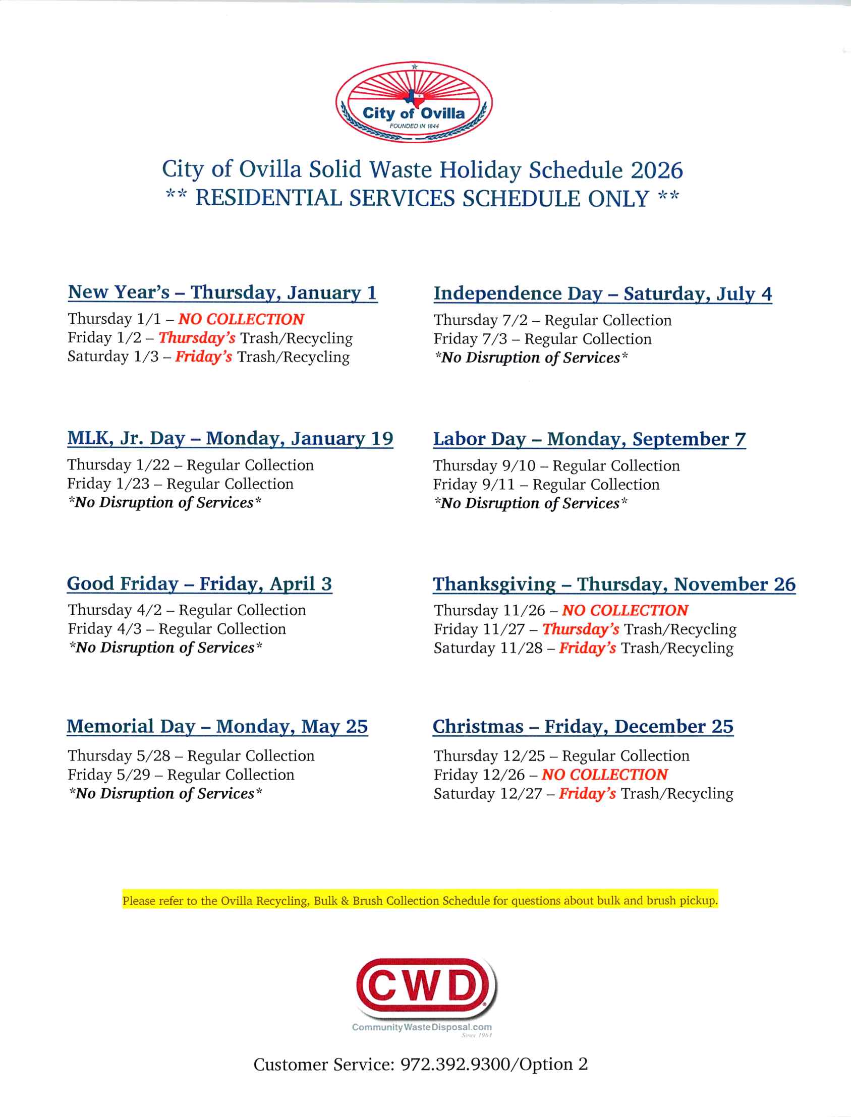 City of Ovilla CWD Holiday Schedule 2026
